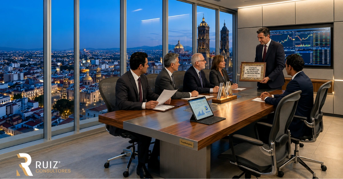 Empresarios revisando estados financieros y la constitución del fondo de reserva legal de una sociedad mercantil conforme a la LGSM.
