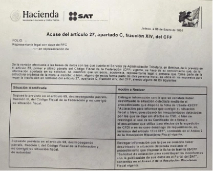 Acuse del artículo 27, apartado C, fracción XIV del CFF emitido por el SAT
